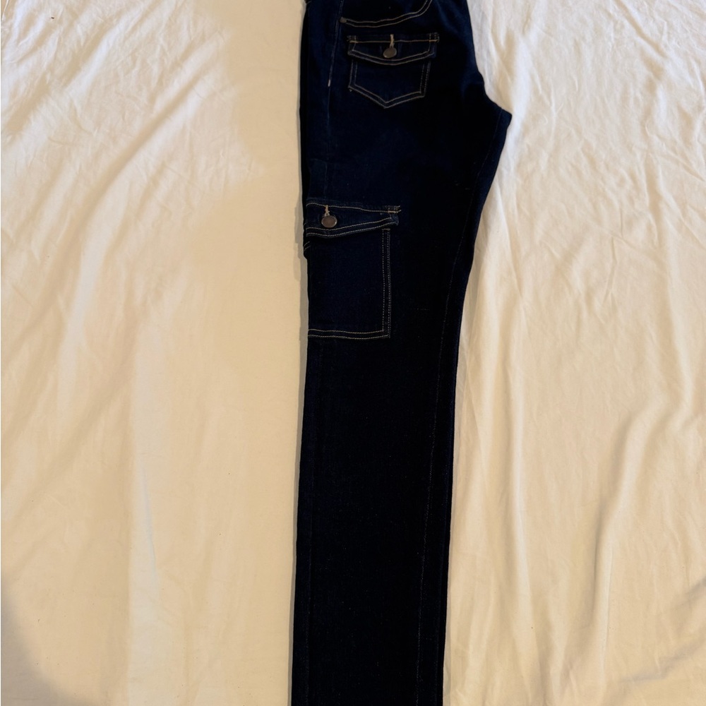 PTCL Denim Jeans in Indigo Blue with Gold Stitching and Cargo Pockets
